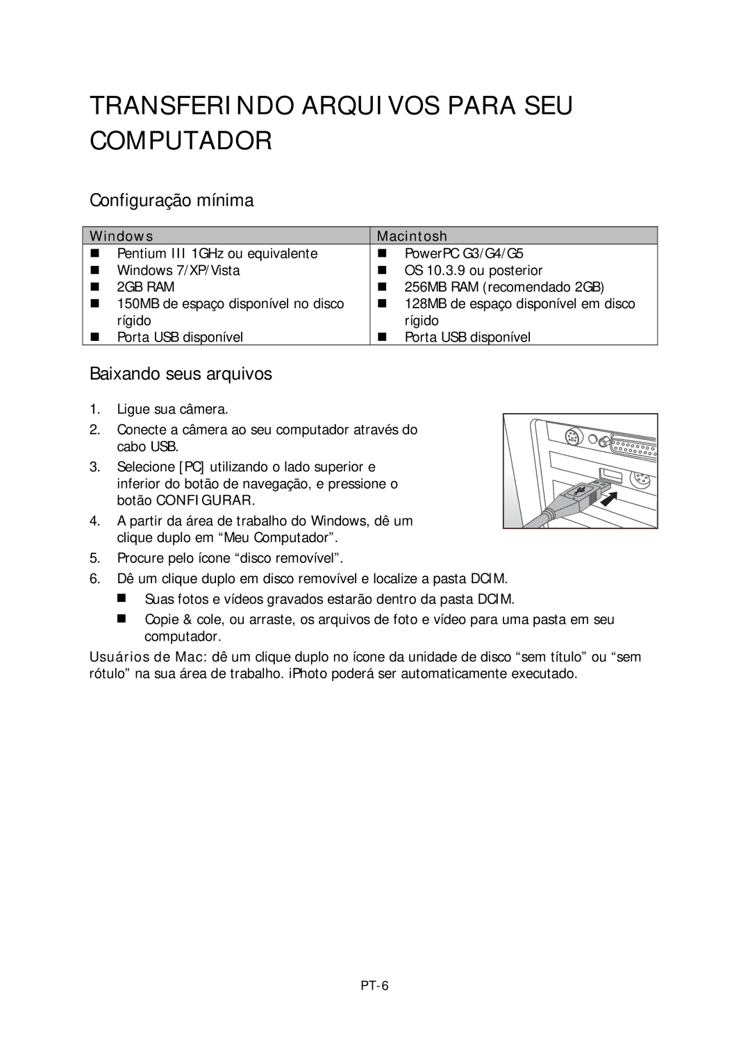 HP s520 manual Transferindo Arquivos Para SEU Computador, Configuração mínima 