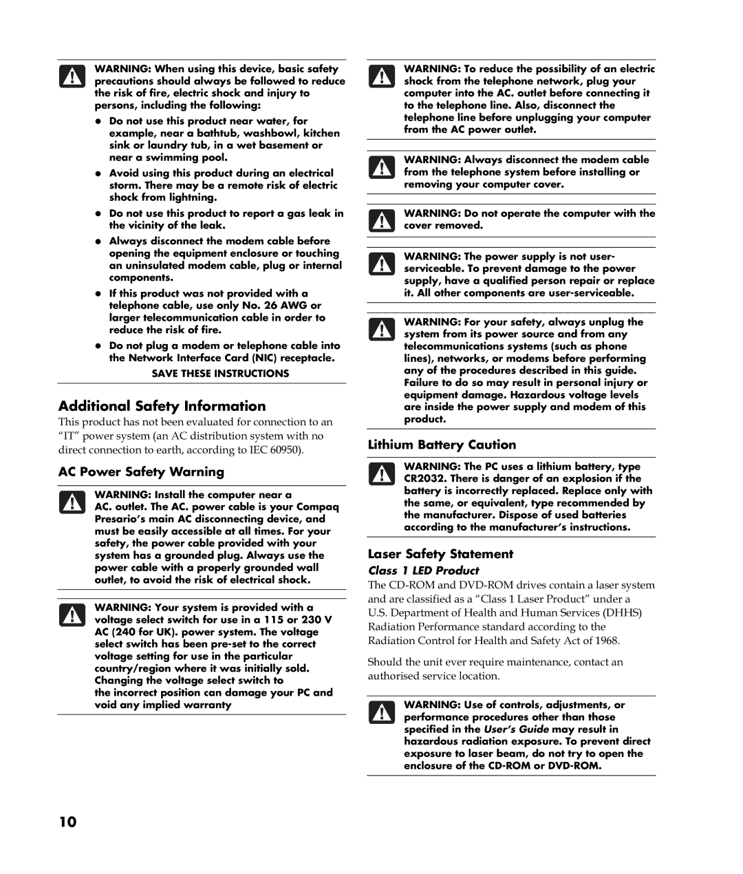 HP S6100UK, S6300UK, S6289UK AC Power Safety Warning, Lithium Battery Caution Laser Safety Statement, Class 1 LED Product 