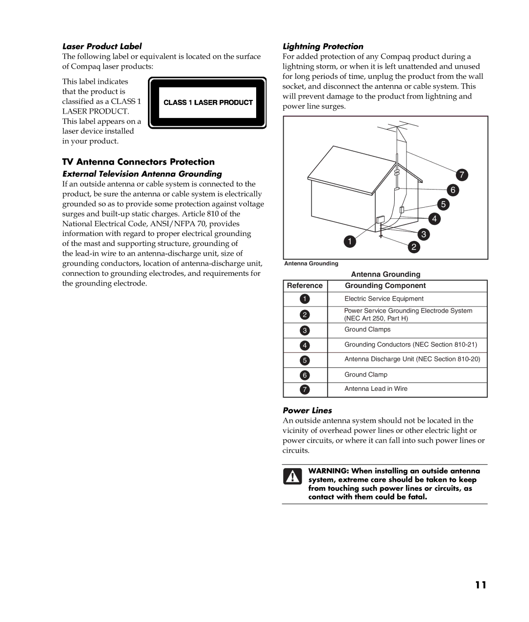 HP S6300UK, S6100UK, S6289UK manual TV Antenna Connectors Protection, Laser Product Label, Lightning Protection, Power Lines 