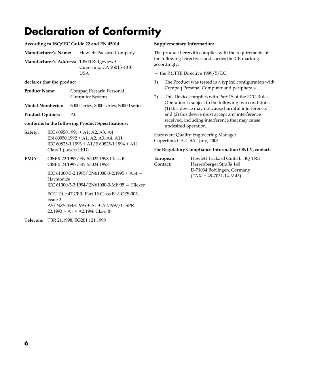 HP S5600UK, S6100UK, S6300UK, S6289UK, S6800UK, S6500UK, S6389UK, S5200UK, S5150UK, S5500UK manual Declaration of Conformity 