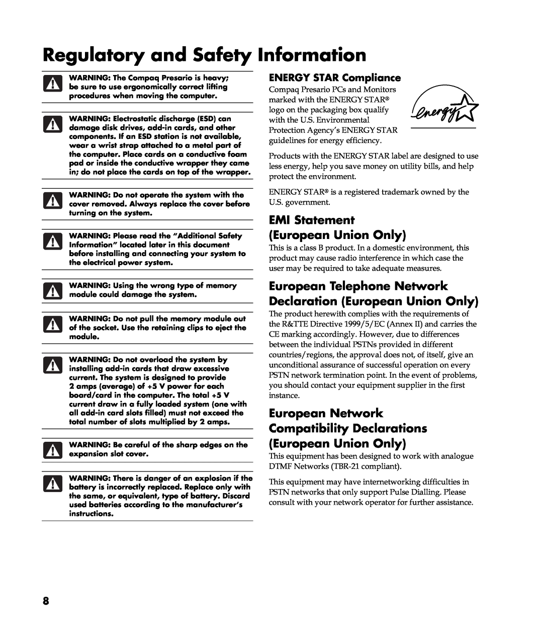HP S5150UK, S6100UK, S6300UK Regulatory and Safety Information, EMI Statement European Union Only, ENERGY STAR Compliance 