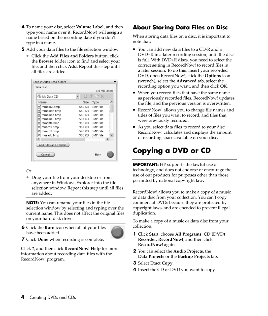 HP S5200UK, S6150UK, S6100UK, S6300UK, S6289UK, S6800UK, S6500UK, S6389UK Copying a DVD or CD, About Storing Data Files on Disc 