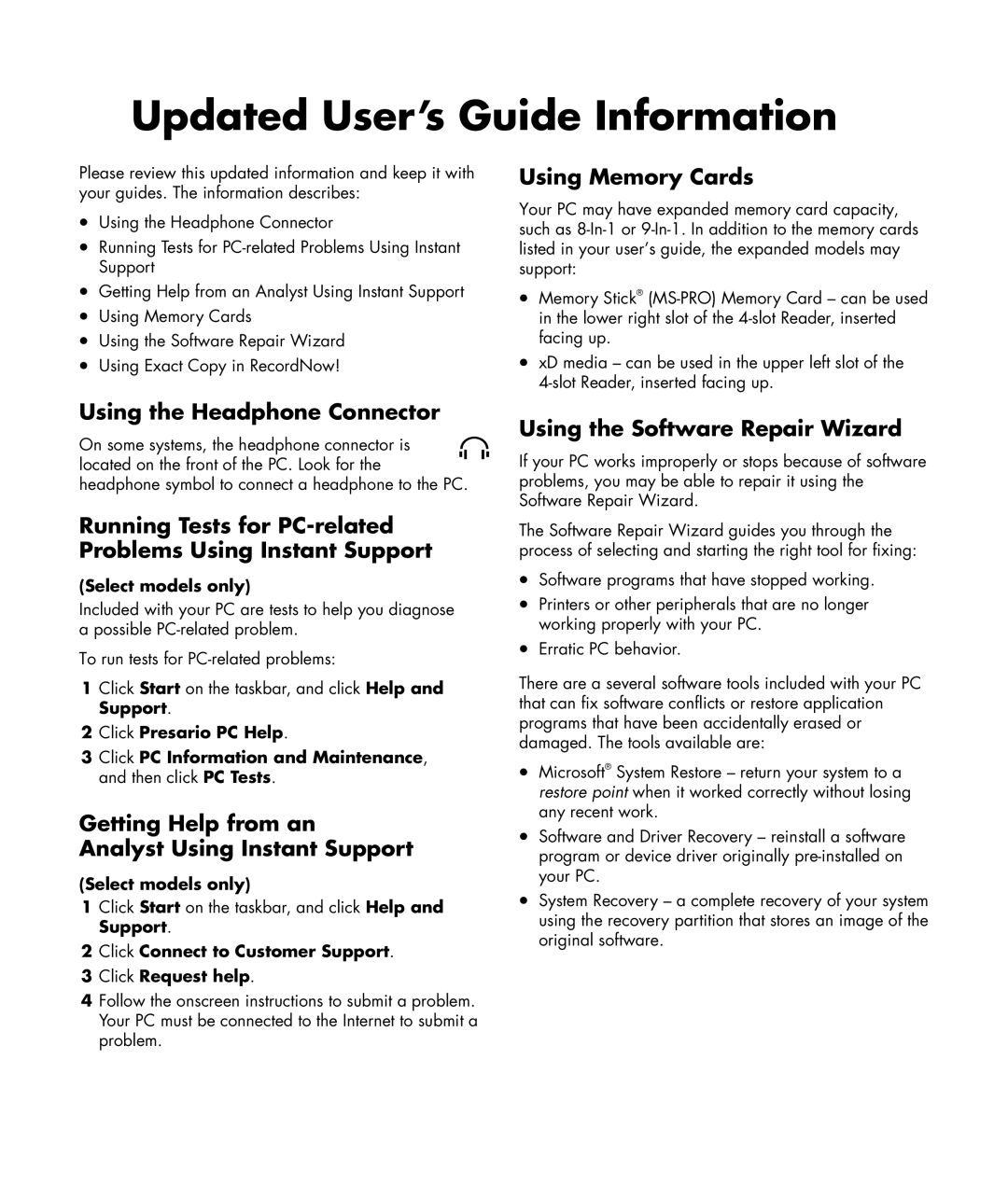 HP SR1090NX, S7300CL, SR1080AN, SR1070AP, SR1060AP, SR1070AN, SR1060AN, SR1055IN manual Updated User’s Guide Information 