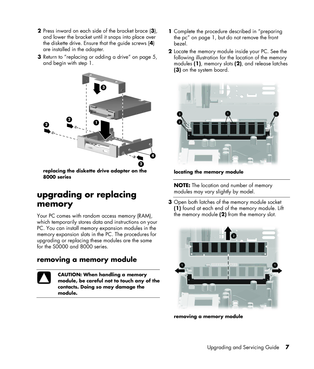 HP S7300CL manual Upgrading or replacing memory, Removing a memory module 