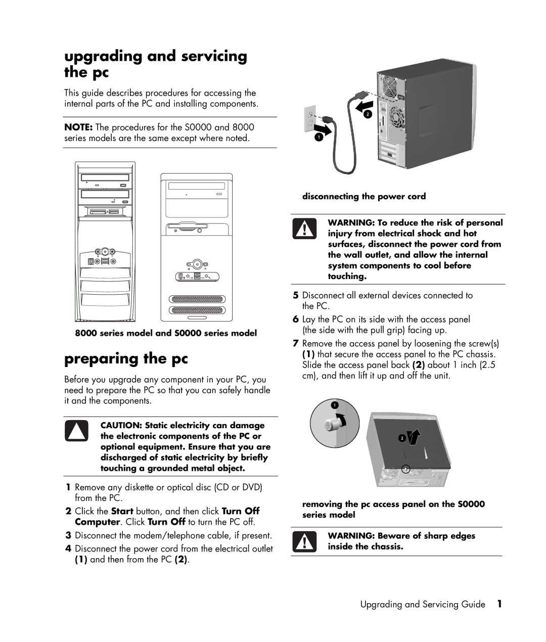 HP S7300CL manual Upgrading and servicing the pc, Preparing the pc 