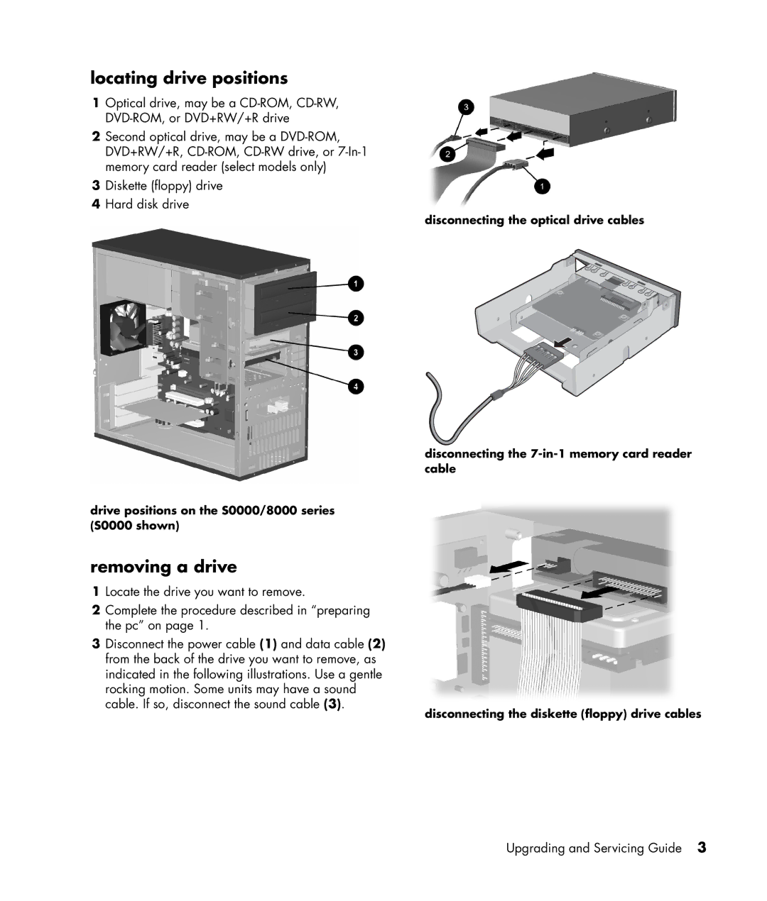 HP S7300CL manual Locating drive positions, Removing a drive 