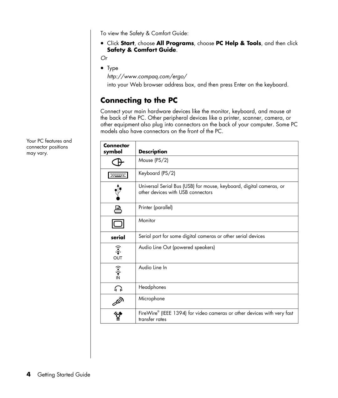 HP SR1150NX, SA4000Z (P8657M), SA4000T (P8657L), SR1103WM manual Connecting to the PC, Connector Symbol Description, Serial 