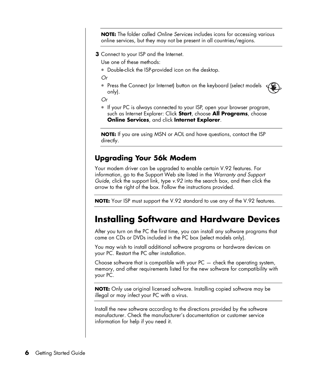 HP SR1130NX, SA4000Z (P8657M), SA4000T (P8657L), SR1103WM Installing Software and Hardware Devices, Upgrading Your 56k Modem 