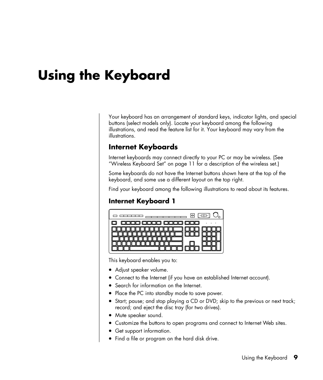 HP SR1123WM, SA4000Z (P8657M), SA4000T (P8657L), SR1103WM, SR1102BD, SR1114NX, SR1115CL Using the Keyboard, Internet Keyboards 