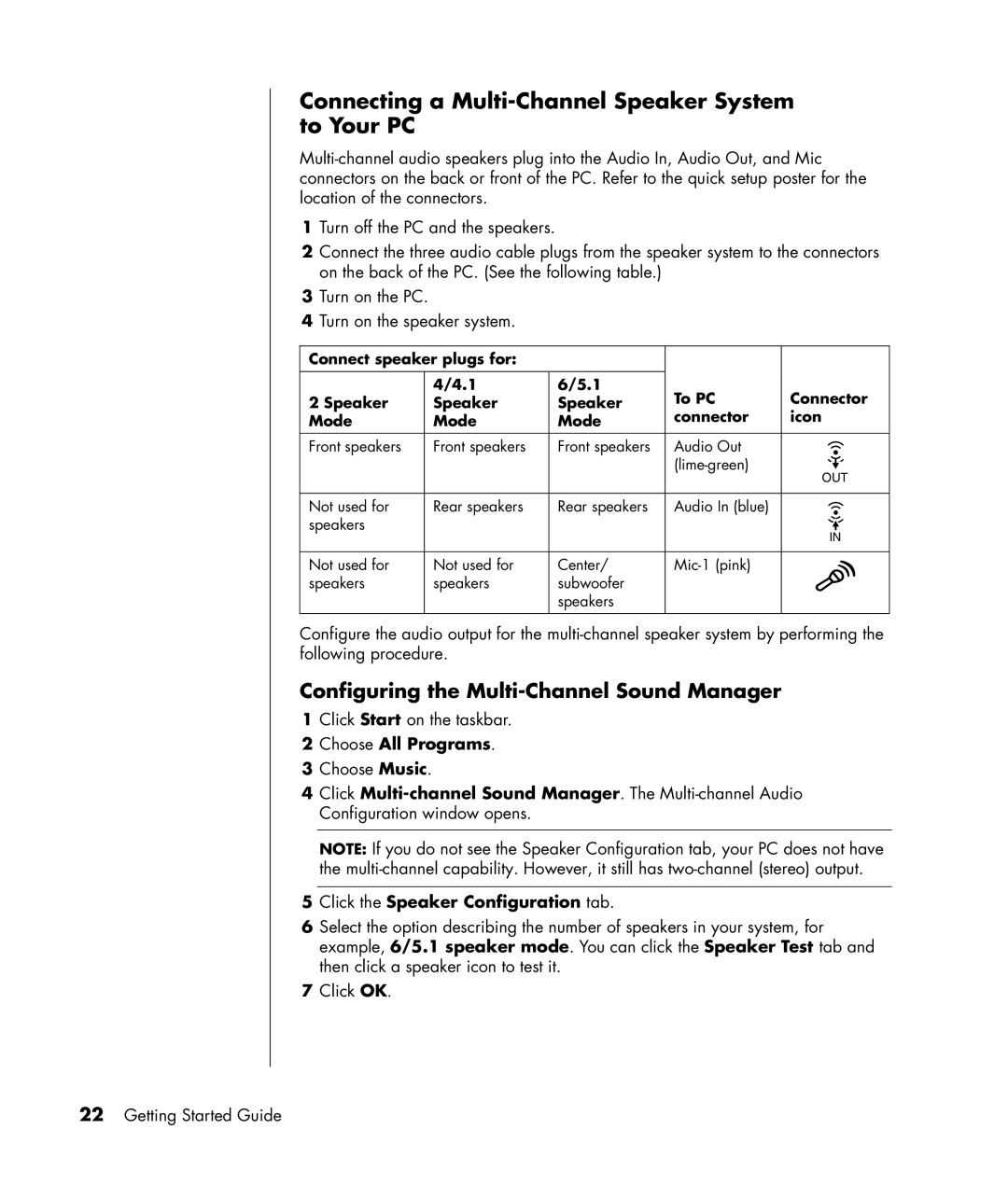 HP SR1155AP Connecting a Multi-Channel Speaker System to Your PC, Choose All Programs, Click the Speaker Configuration tab 