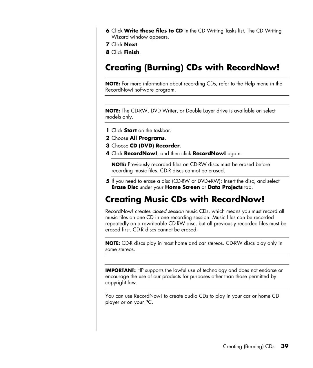 HP SR1115CL, SA4000Z (P8657M), SA4000T (P8657L) manual Creating Burning CDs with RecordNow, Creating Music CDs with RecordNow 