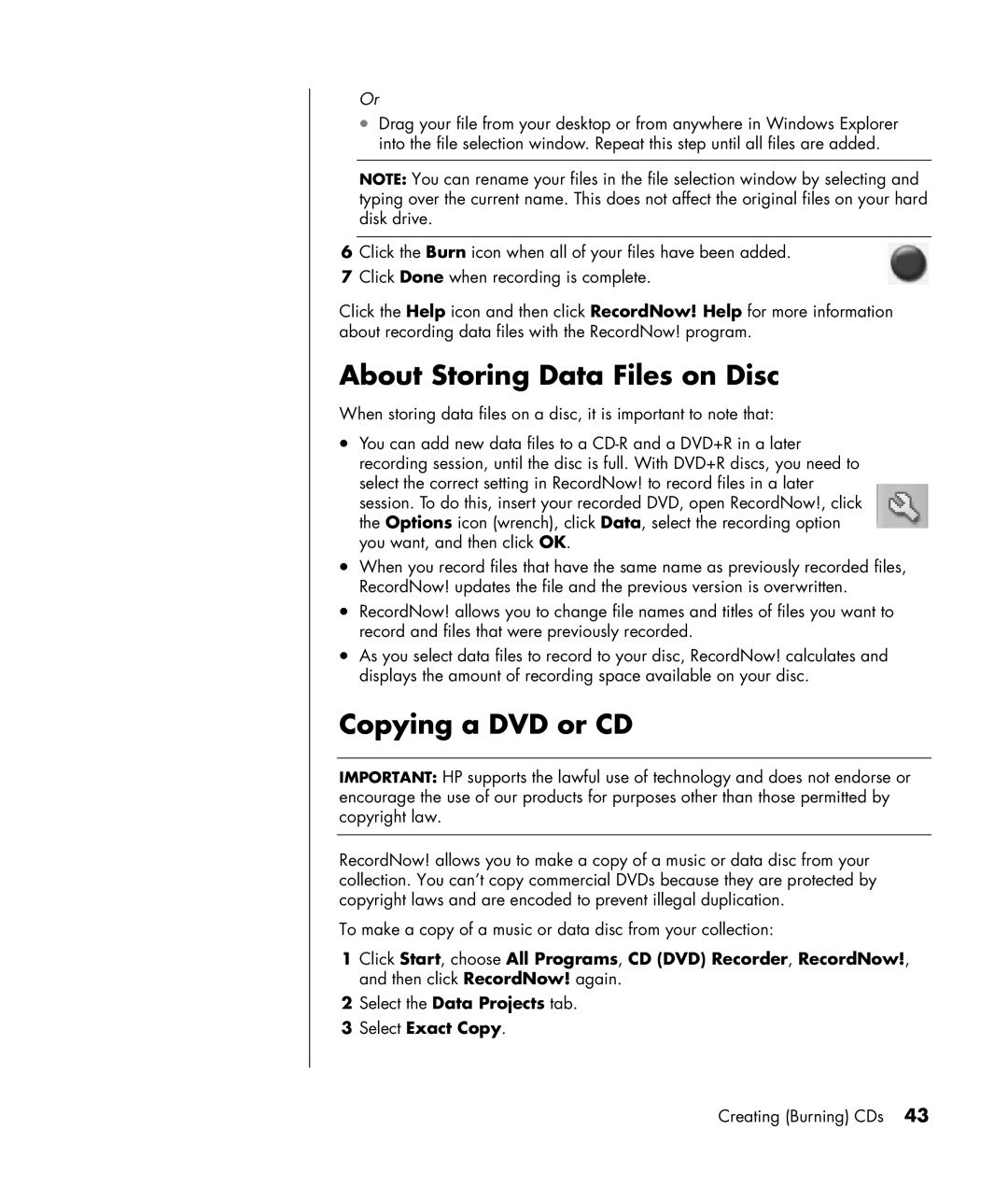 HP SR1151NX, SA4000Z (P8657M), SA4000T (P8657L) About Storing Data Files on Disc, Copying a DVD or CD, Select Exact Copy 