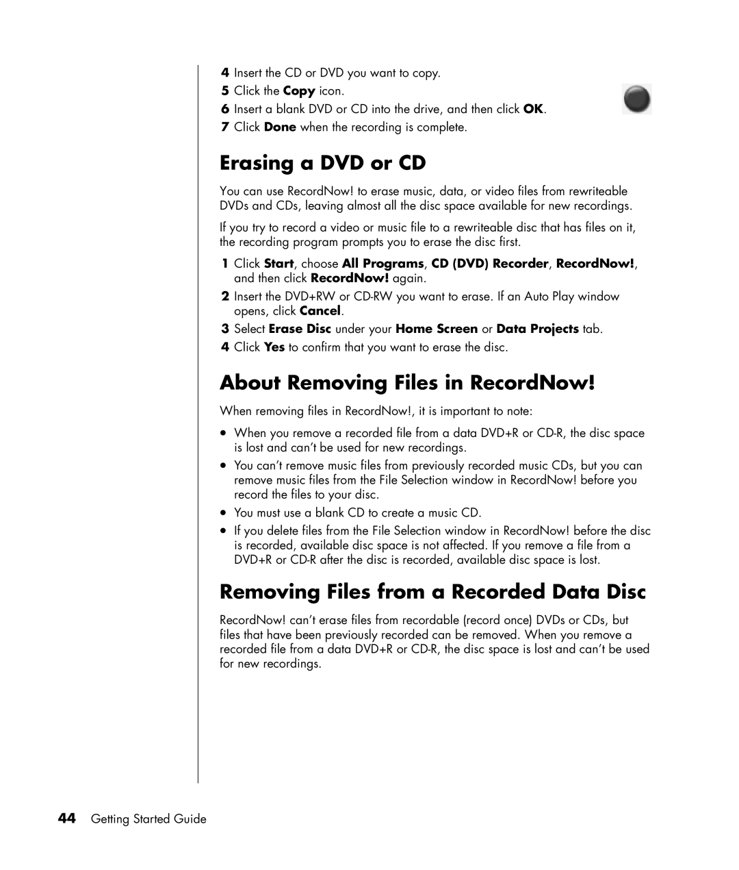 HP SR1150NX, SR1103WM Erasing a DVD or CD, About Removing Files in RecordNow, Removing Files from a Recorded Data Disc 