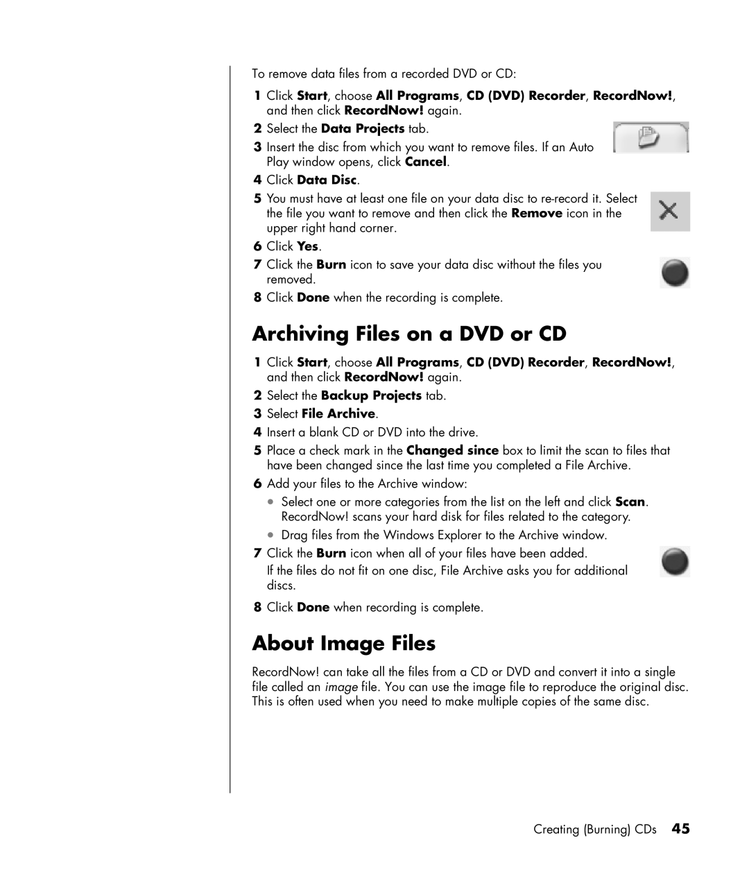 HP SR1135CL, SA4000Z (P8657M), SA4000T (P8657L), SR1103WM Archiving Files on a DVD or CD, About Image Files, Click Data Disc 