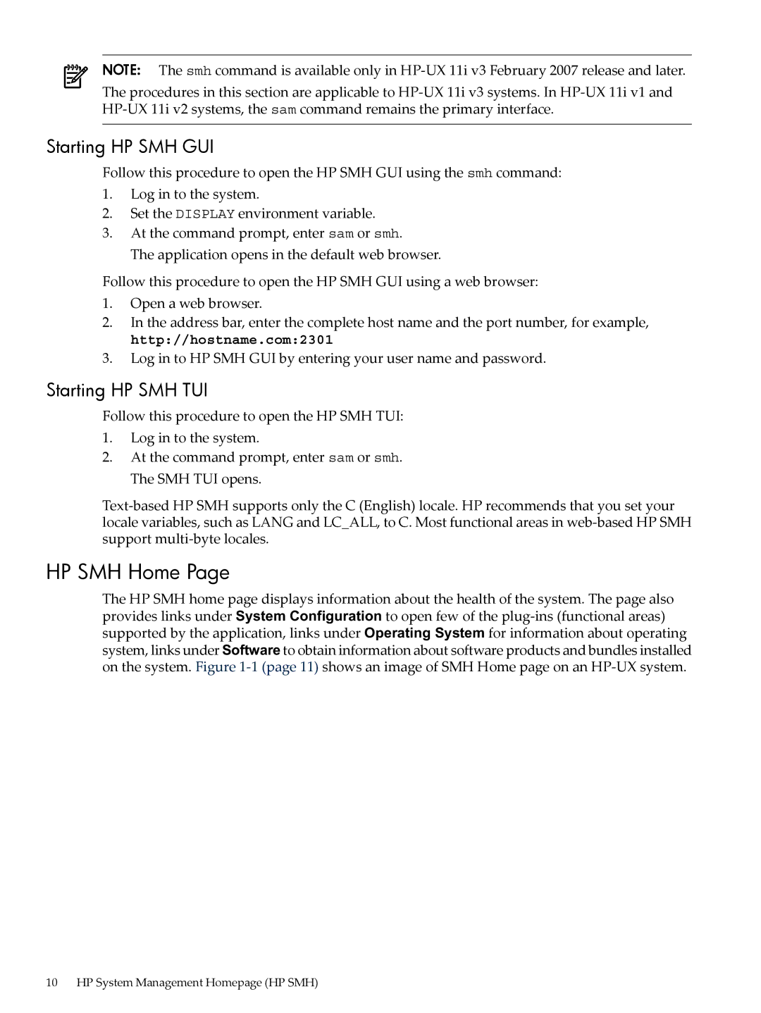 HP SAM- SMH -UX 11i manual HP SMH Home, Starting HP SMH GUI 