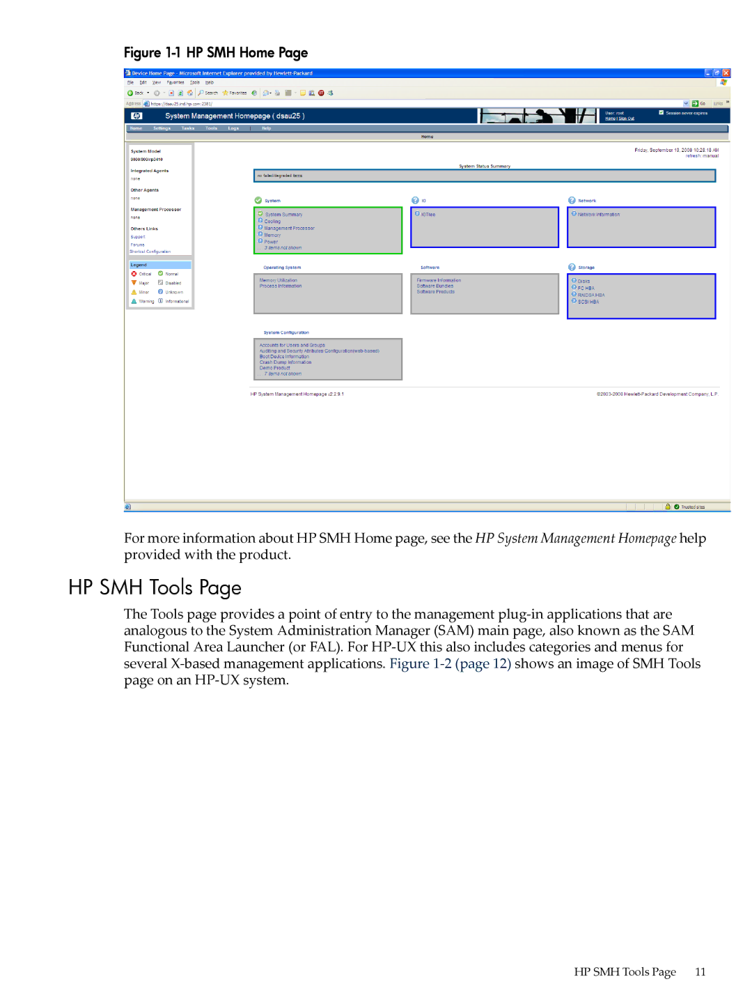 HP SAM- SMH -UX 11i manual HP SMH Tools, HP SMH Home 