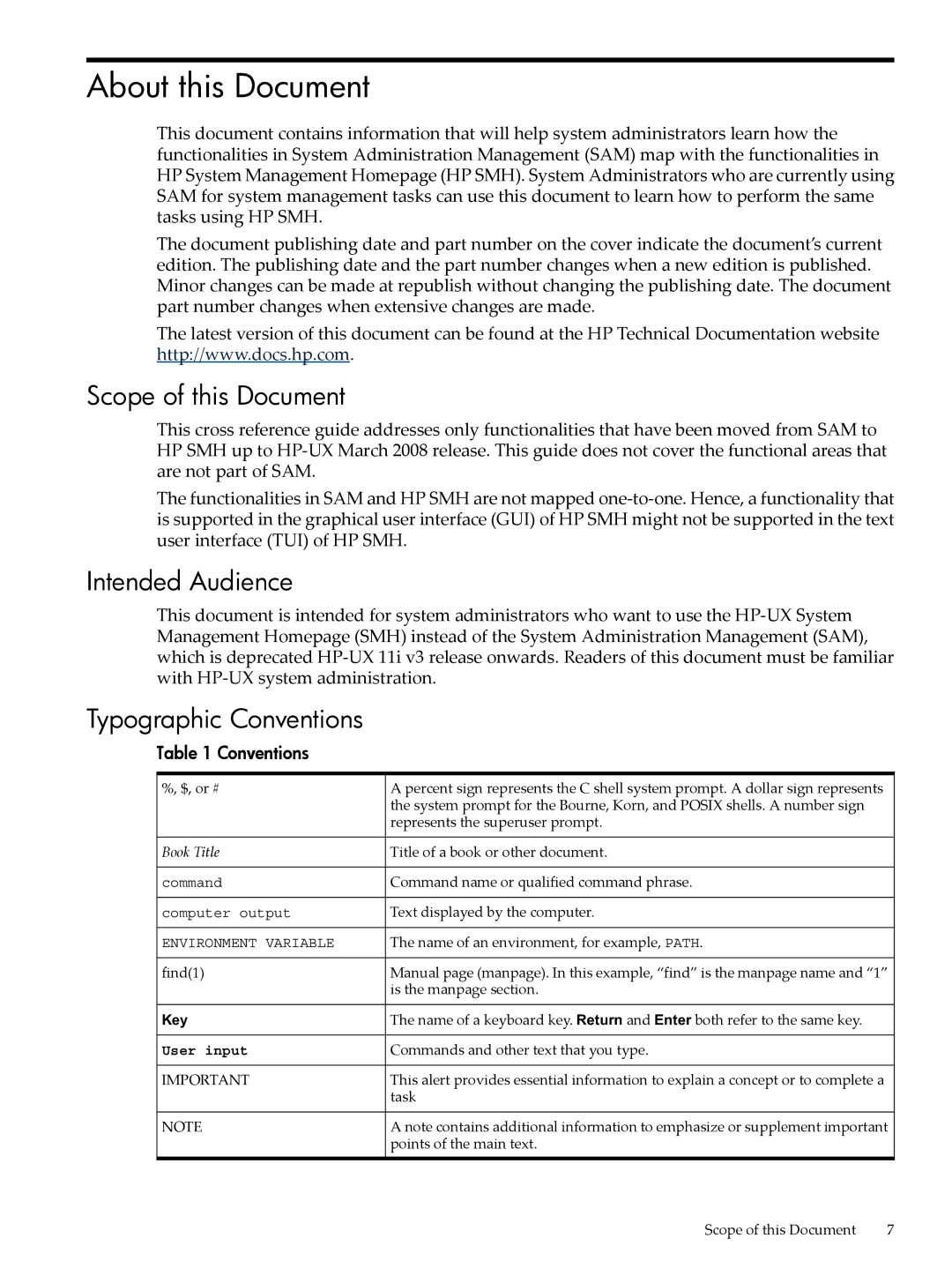 HP SAM- SMH -UX 11i manual Scope of this Document, Intended Audience, Typographic Conventions 