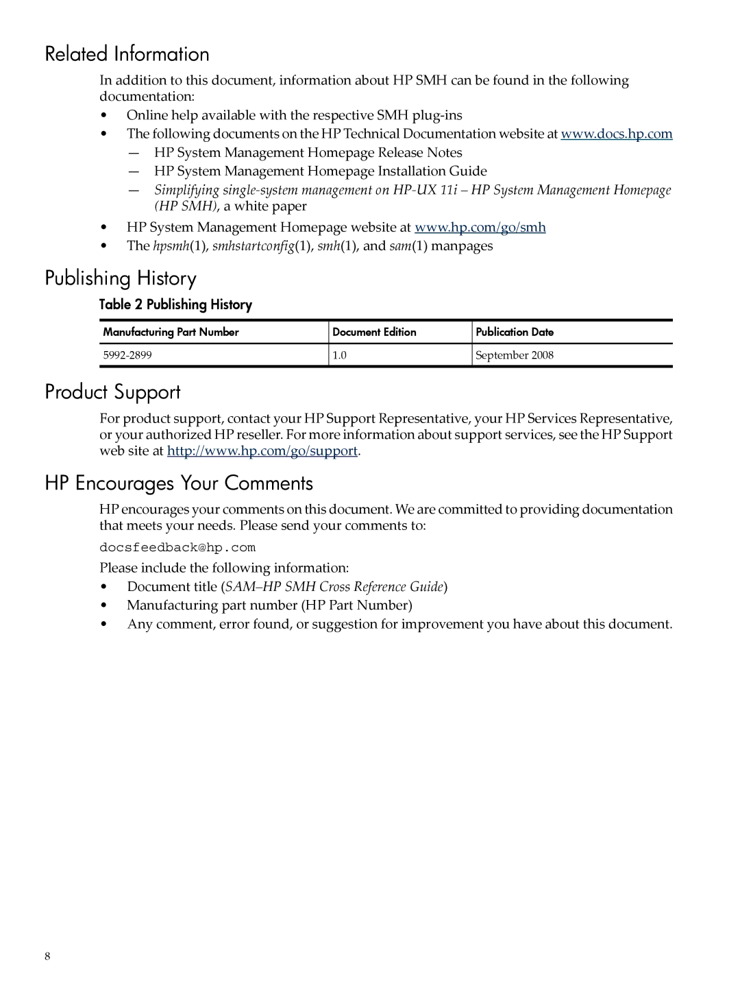 HP SAM- SMH -UX 11i manual Related Information, Publishing History, Product Support HP Encourages Your Comments 