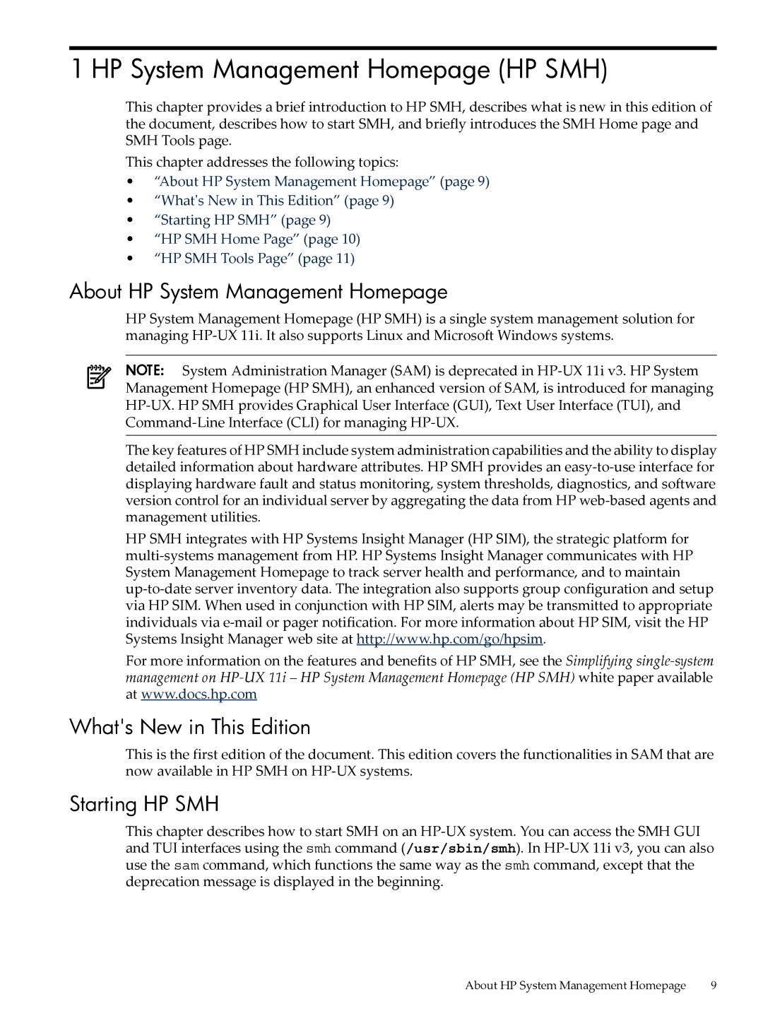 HP SAM- SMH -UX 11i manual About HP System Management Homepage, Whats New in This Edition, Starting HP SMH 