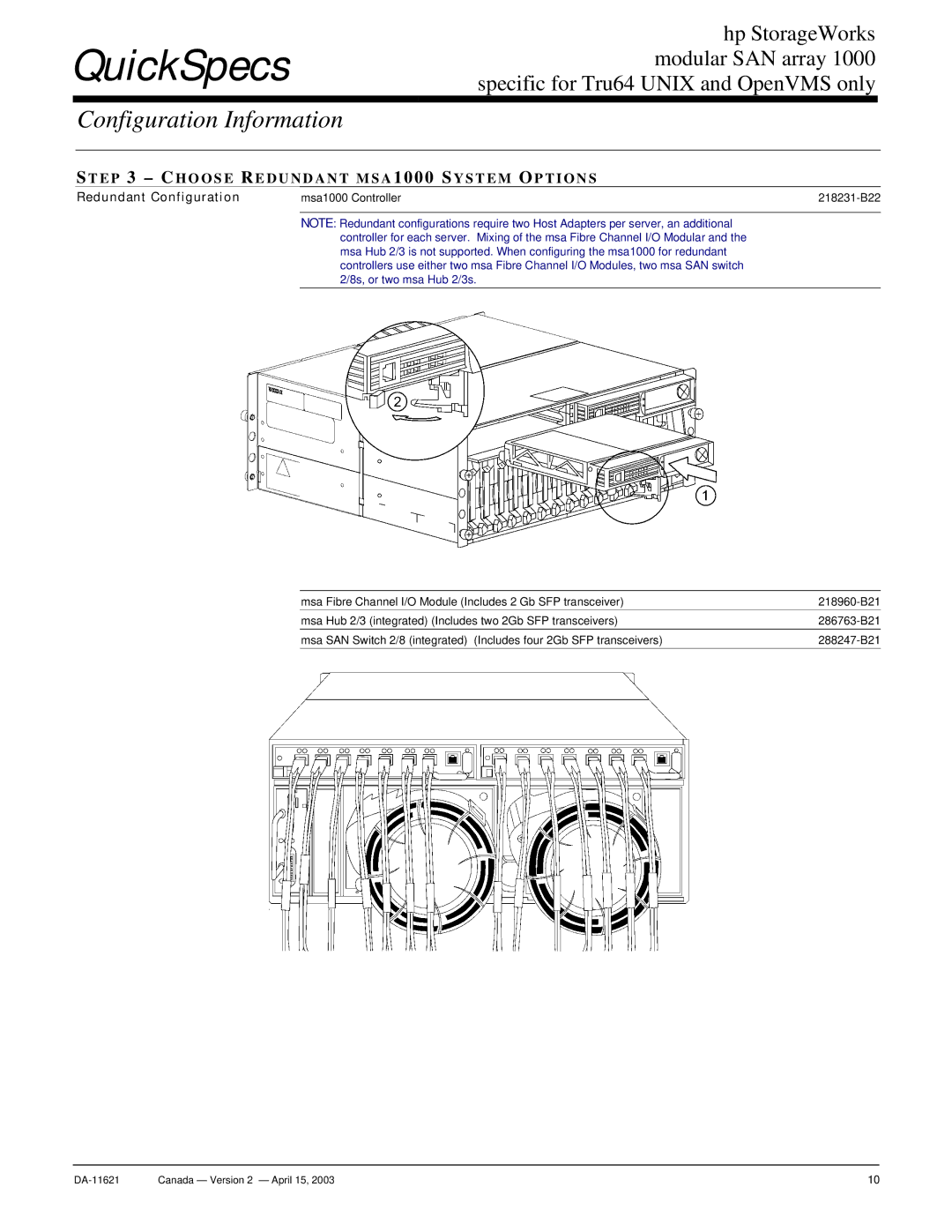 HP SAN Array 1000 manual Choose Redun Dant MSA 1000 System Options 