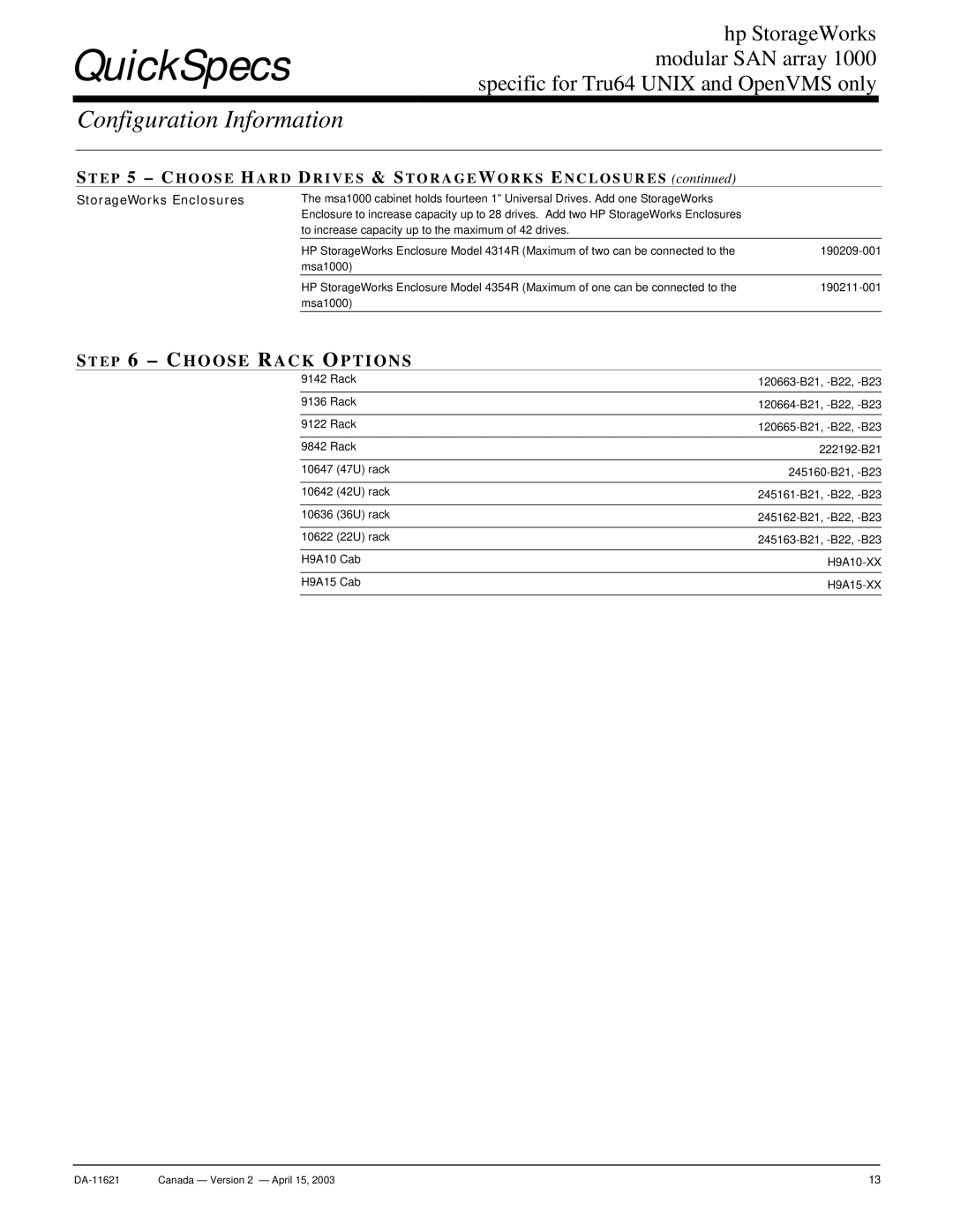 HP SAN Array 1000 manual Choose Rack Options, StorageWorks Enclosures 