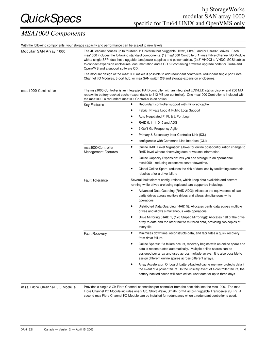 HP SAN Array 1000 manual MSA1000 Components 