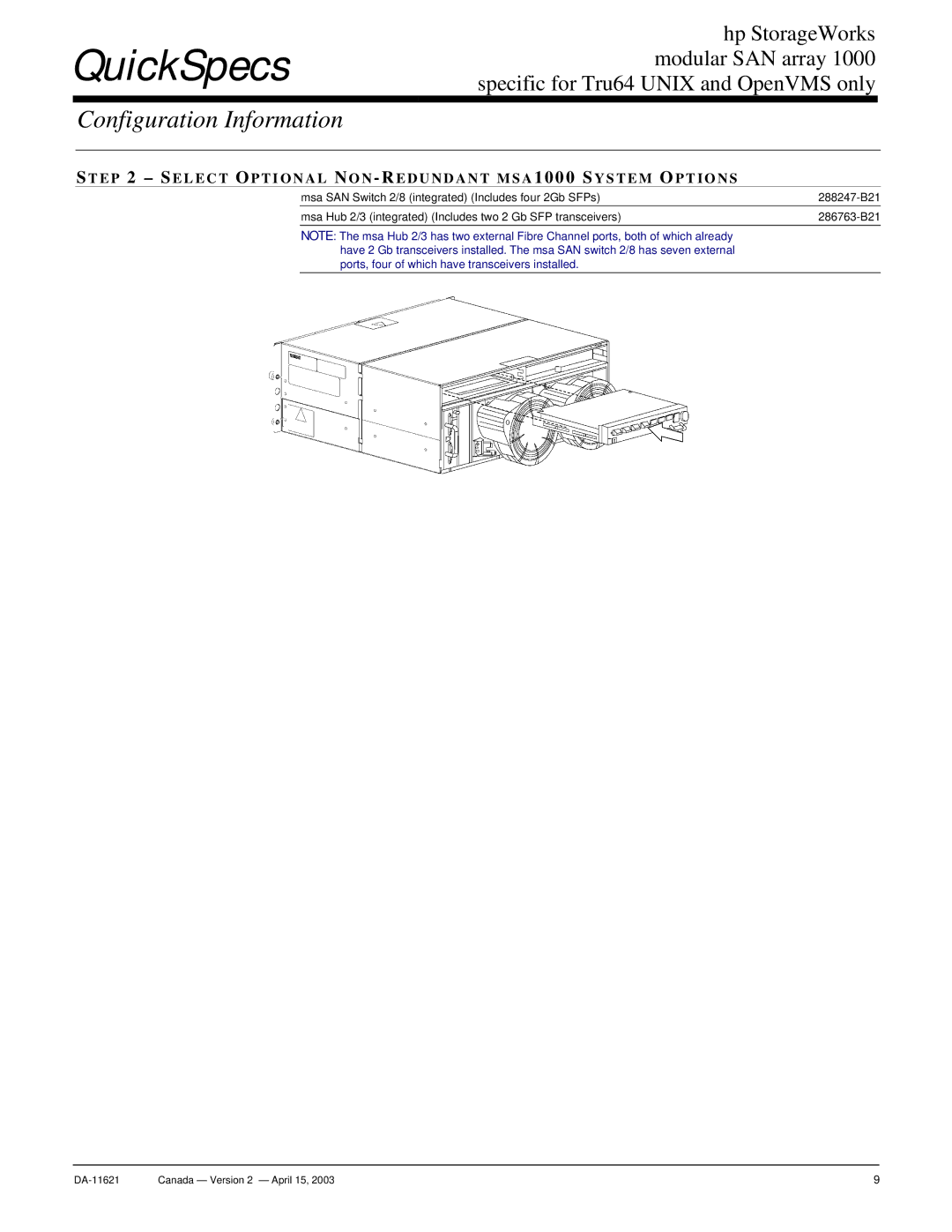 HP SAN Array 1000 manual Select Optional NON -REDUNDANT MSA 1000 System Options 