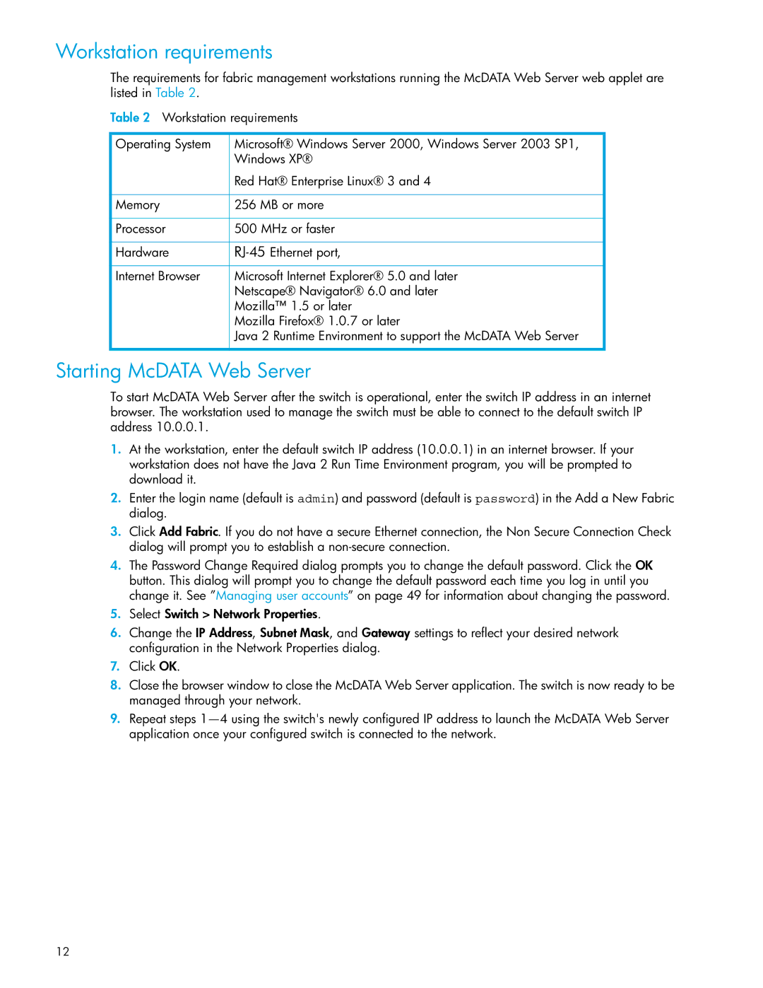 HP SAN manual Workstation requirements, Starting McDATA Web Server 