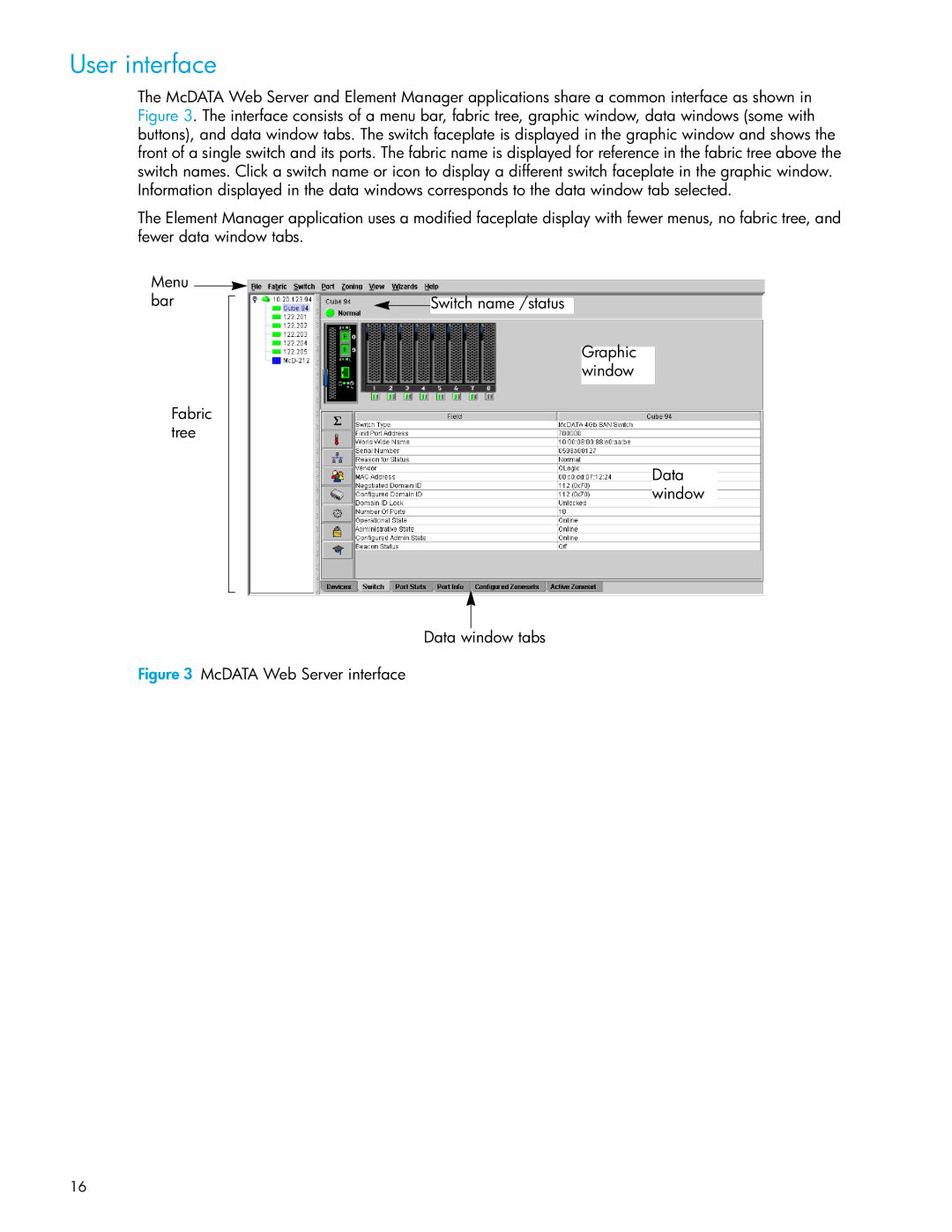 HP SAN manual User interface, McDATA Web Server interface 