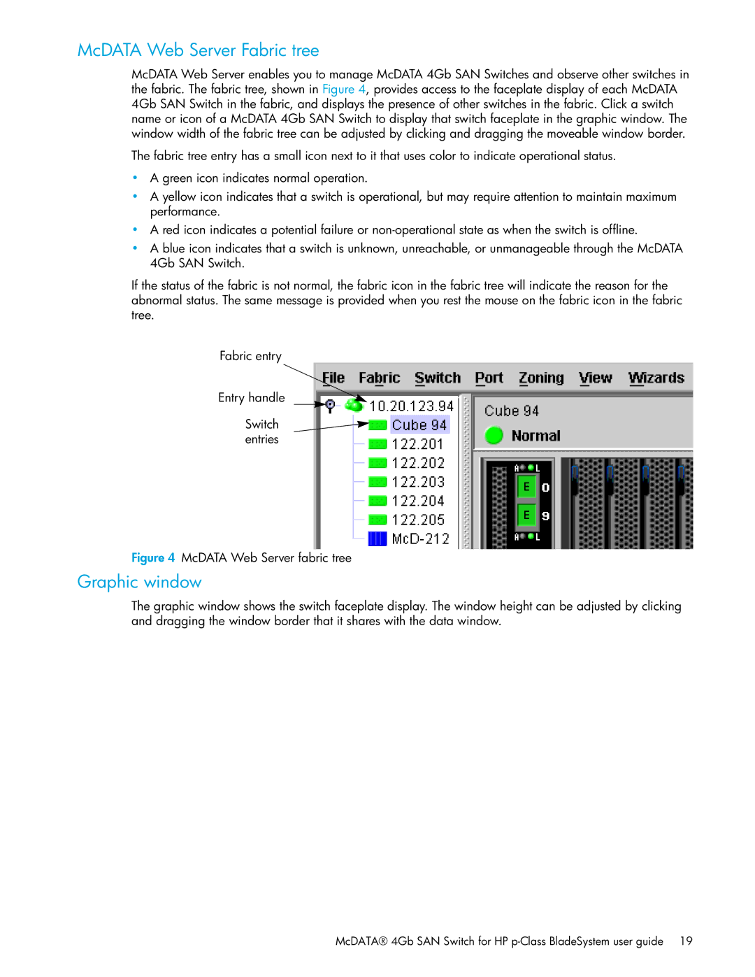 HP SAN manual McDATA Web Server Fabric tree, Graphic window 