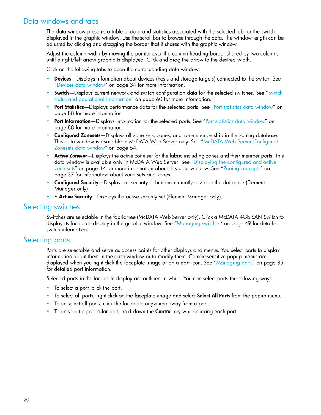 HP SAN manual Data windows and tabs, Selecting switches, Selecting ports 