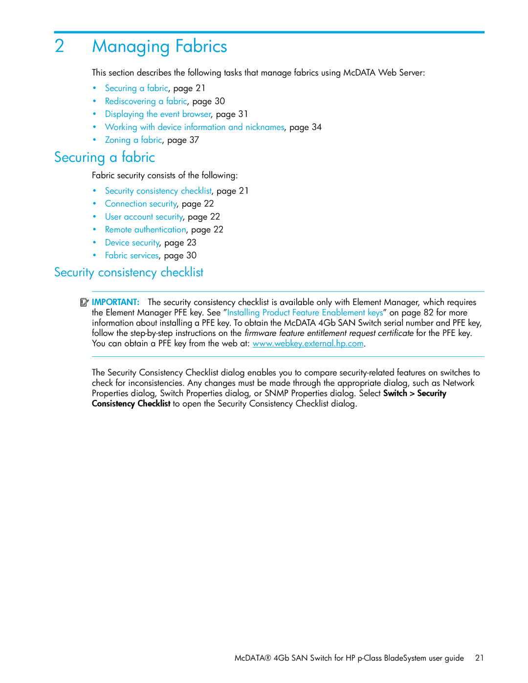 HP SAN manual Securing a fabric, Security consistency checklist 