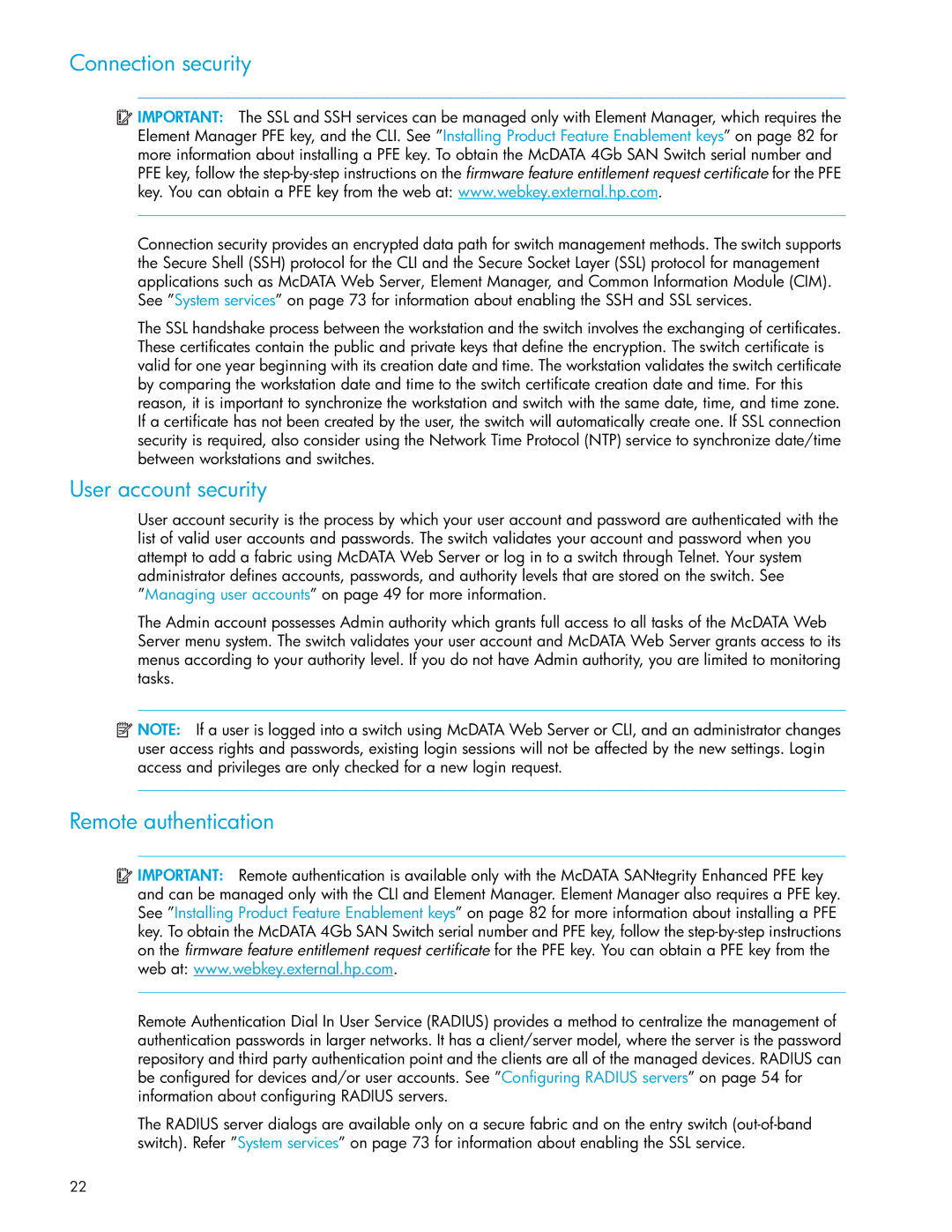 HP SAN manual Connection security, User account security, Remote authentication 