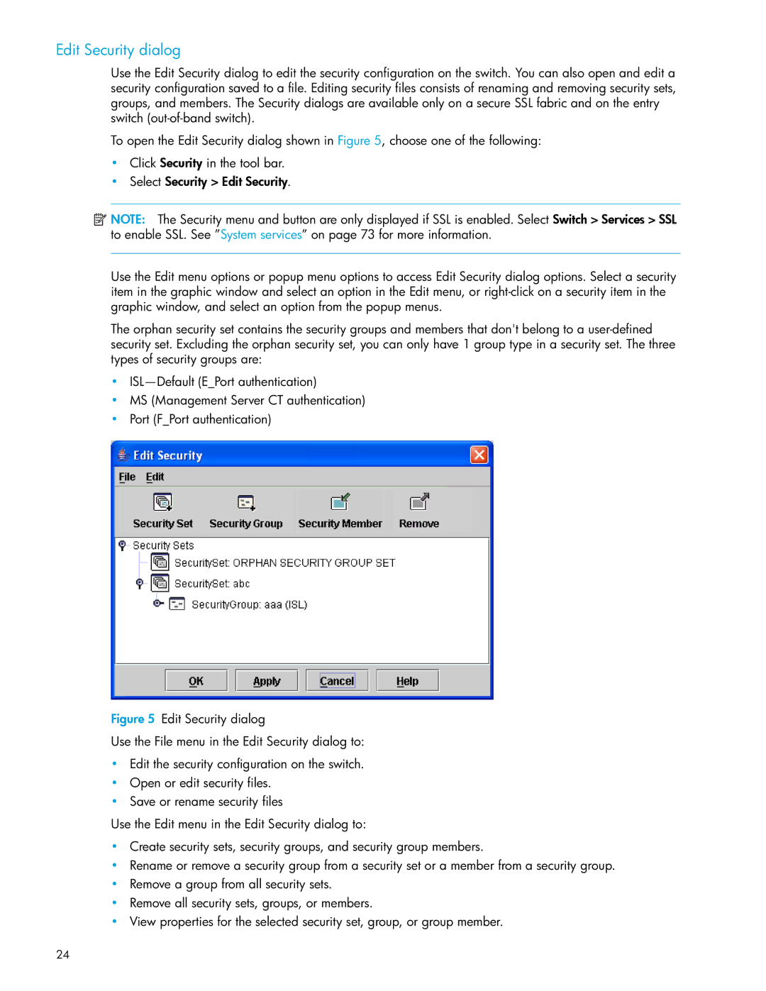 HP SAN manual Edit Security dialog 