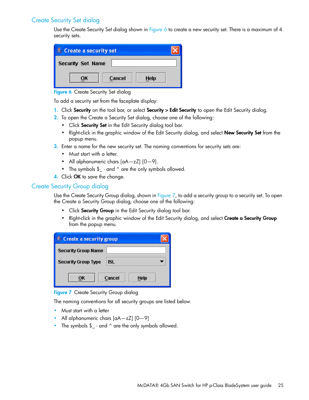 HP SAN manual Create Security Set dialog, Create Security Group dialog 