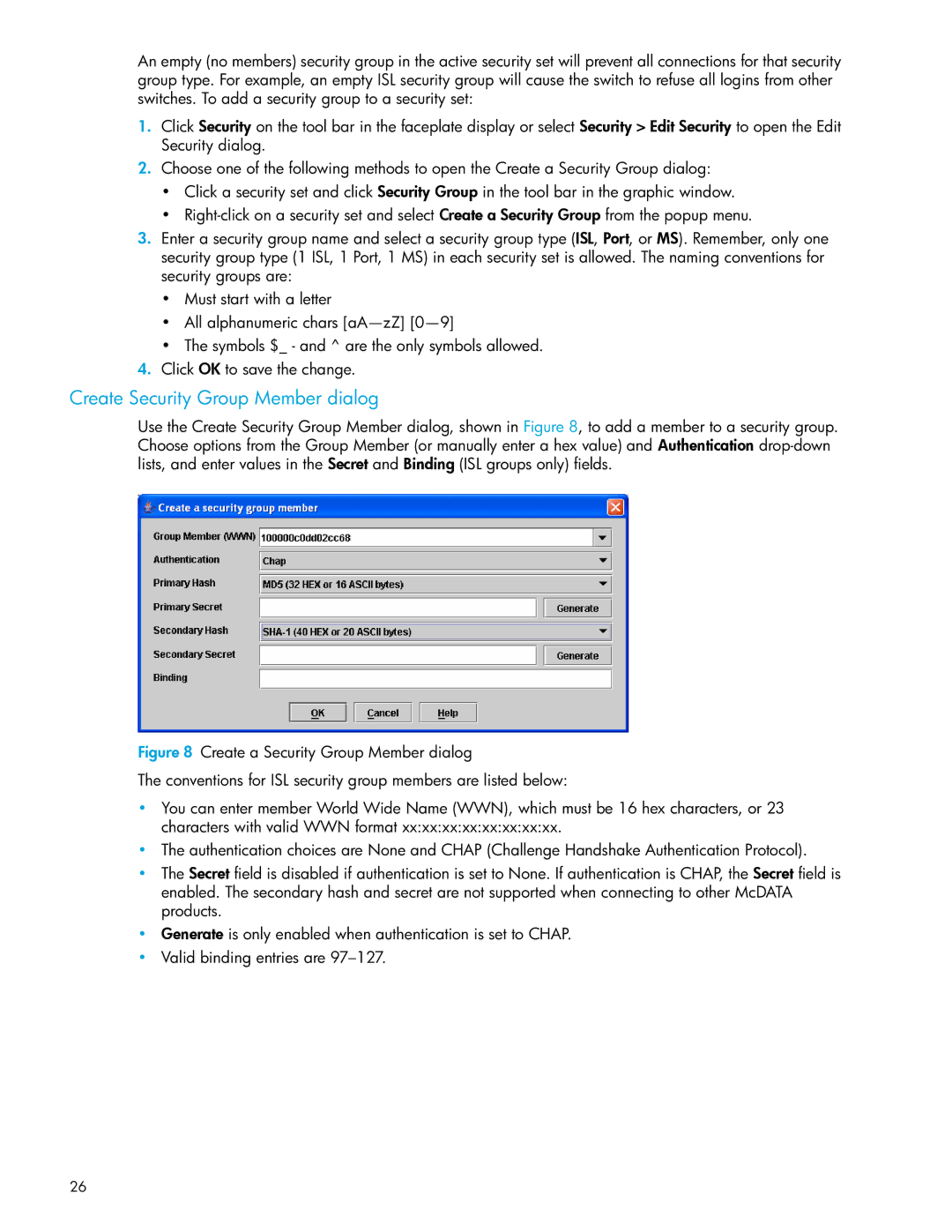 HP SAN manual Create Security Group Member dialog 