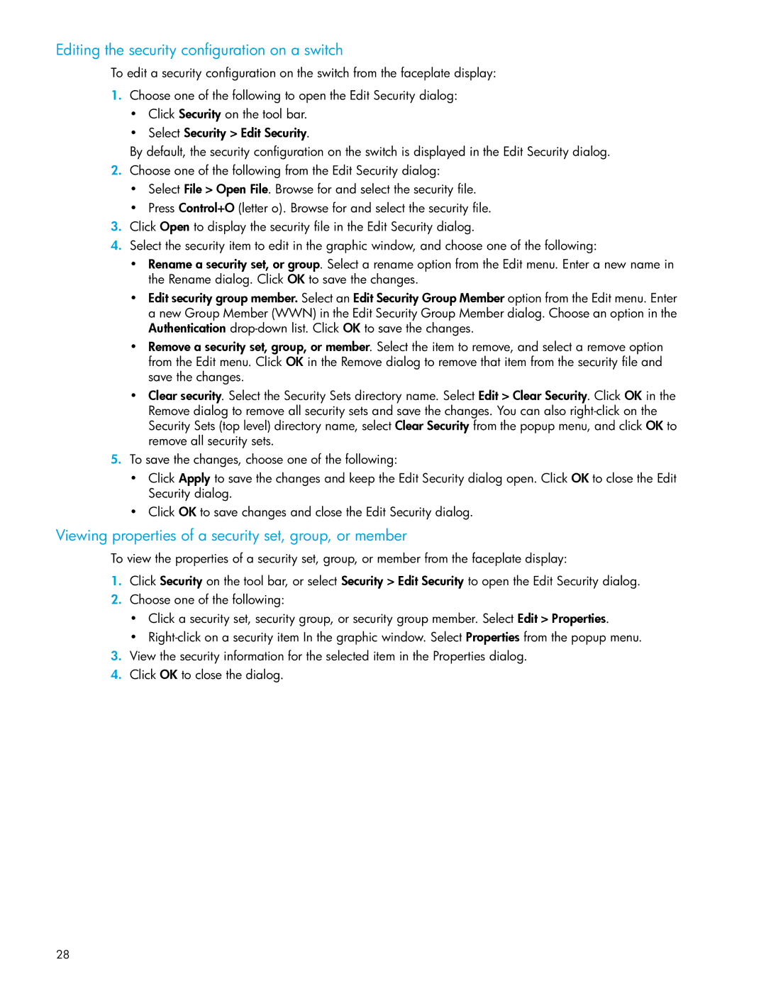 HP SAN manual Editing the security configuration on a switch, Viewing properties of a security set, group, or member 