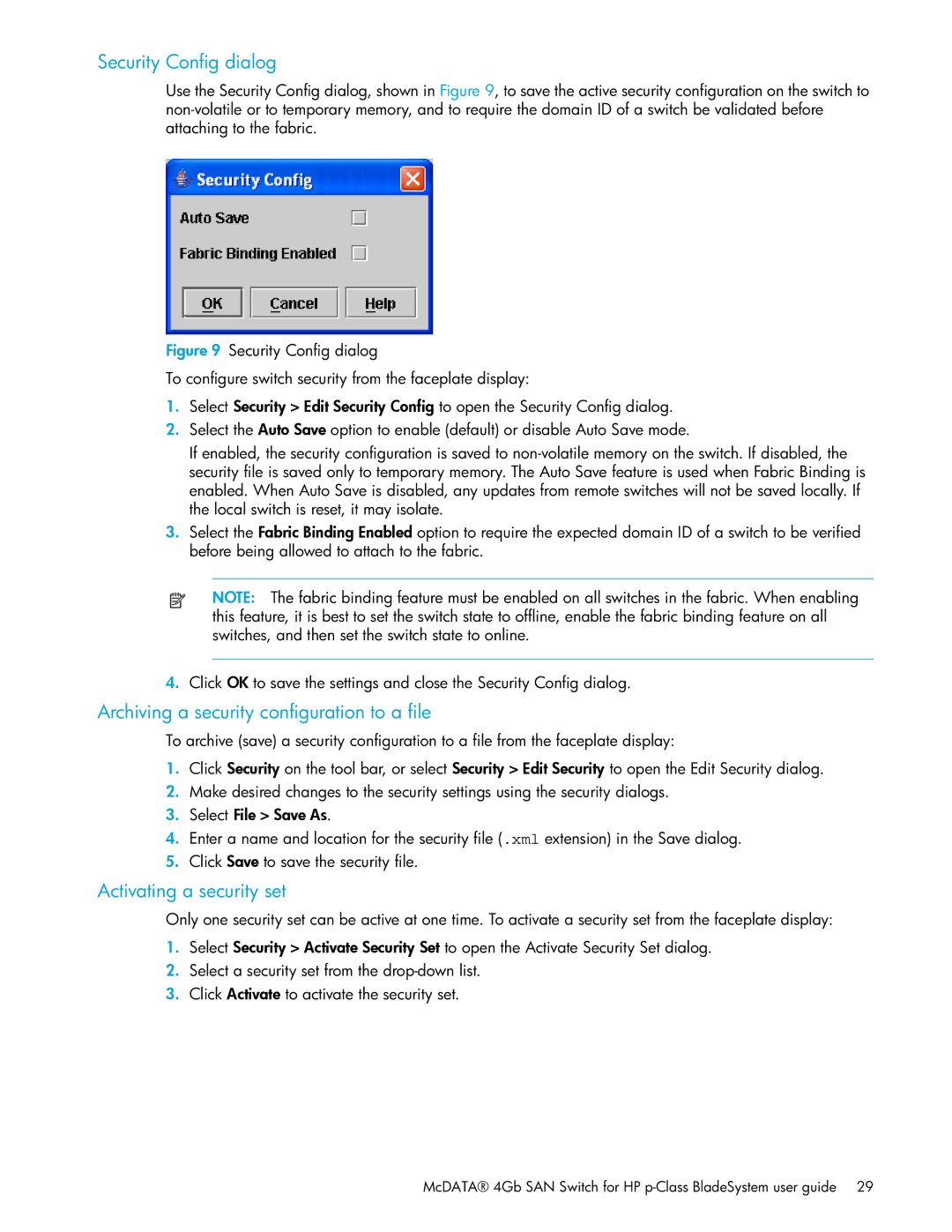 HP SAN manual Security Config dialog, Archiving a security configuration to a file, Activating a security set 