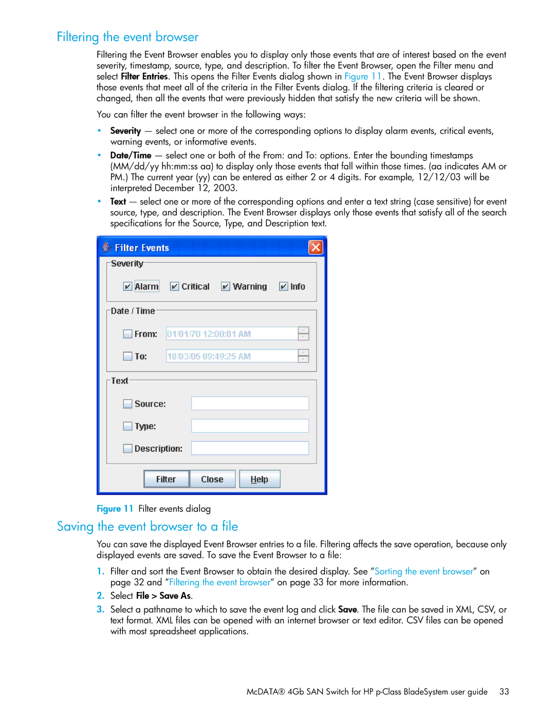 HP SAN manual Filtering the event browser, Saving the event browser to a file 