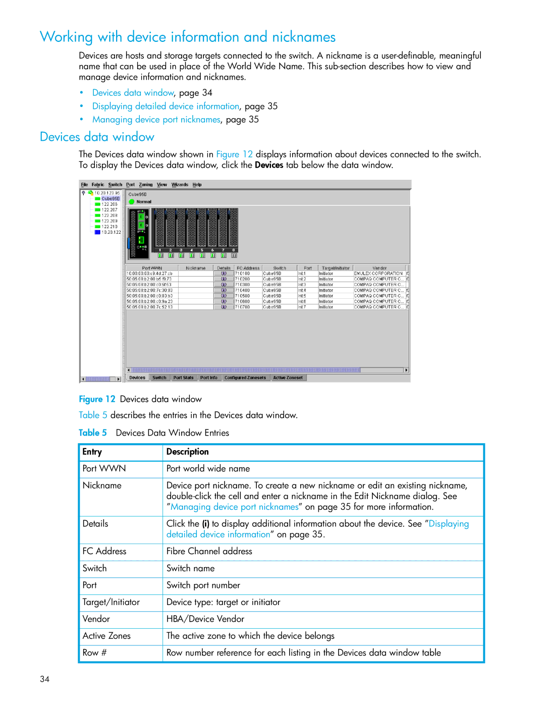 HP SAN manual Working with device information and nicknames, Devices data window 