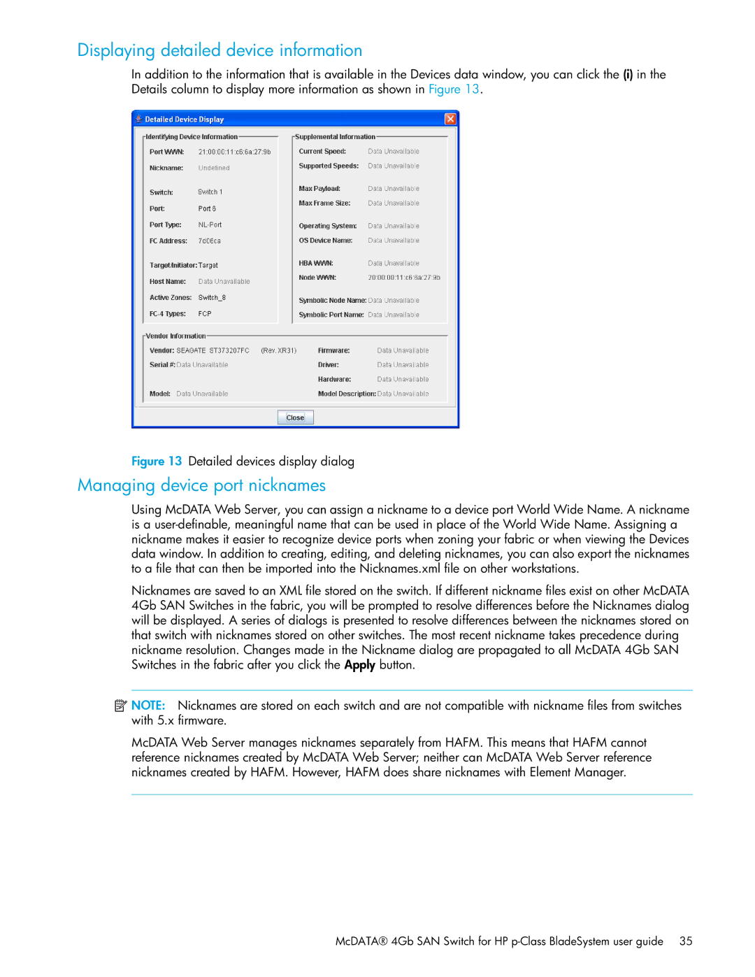 HP SAN manual Displaying detailed device information, Managing device port nicknames 