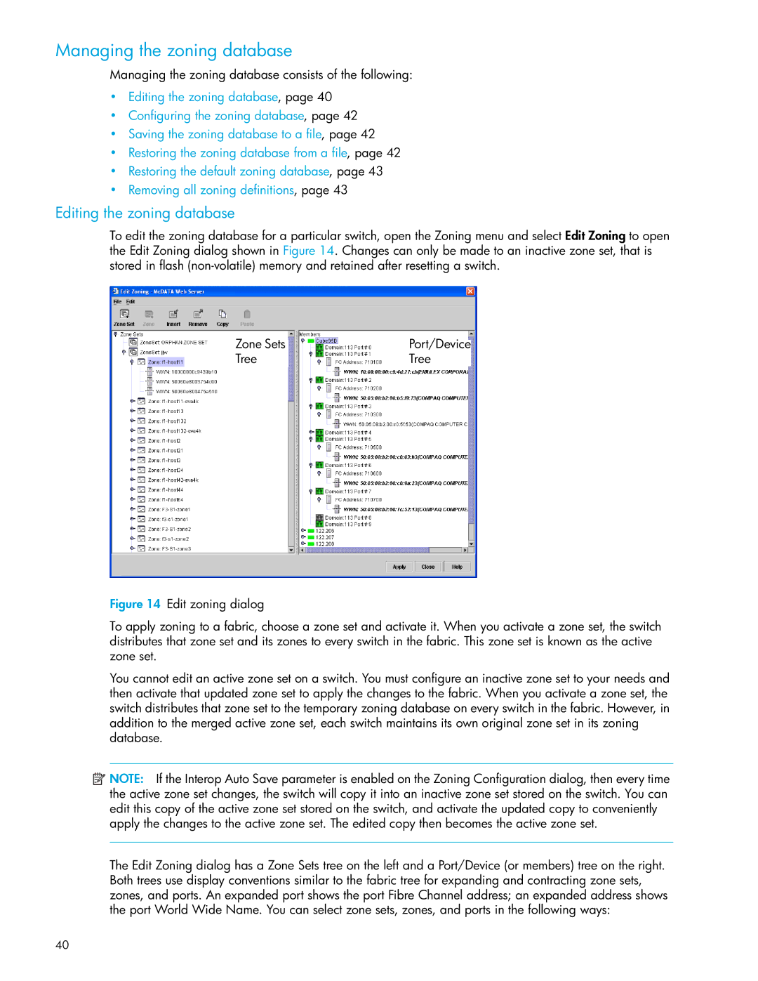 HP SAN manual Managing the zoning database, Editing the zoning database 