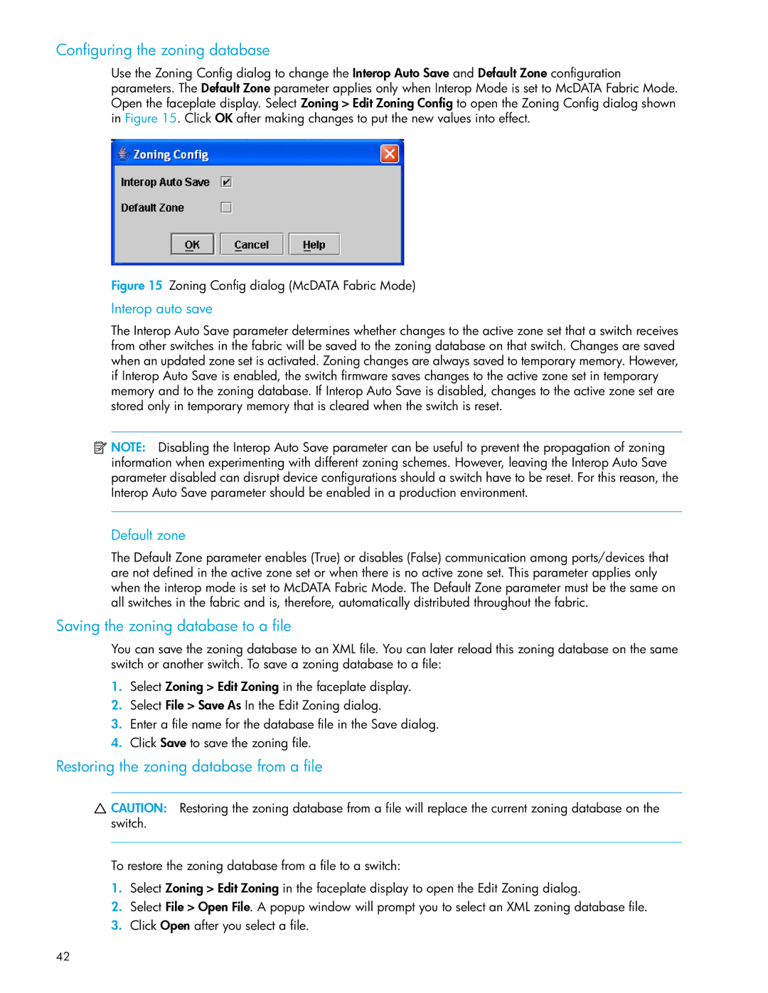 HP SAN Configuring the zoning database, Saving the zoning database to a file, Restoring the zoning database from a file 