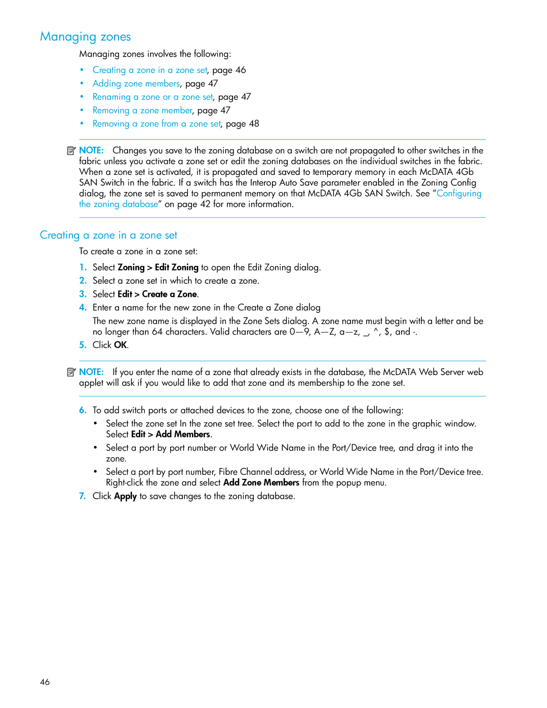 HP SAN manual Managing zones, Creating a zone in a zone set 