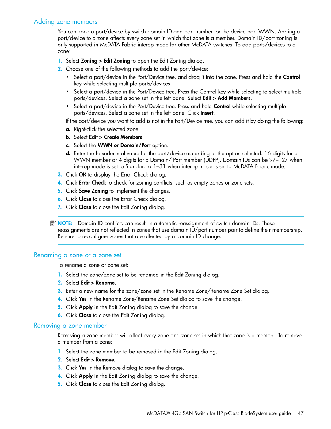 HP SAN manual Adding zone members, Renaming a zone or a zone set, Removing a zone member 