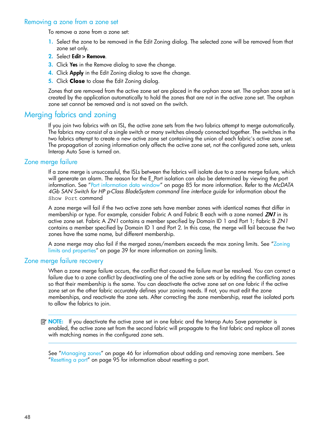 HP SAN manual Merging fabrics and zoning, Zone merge failure recovery 