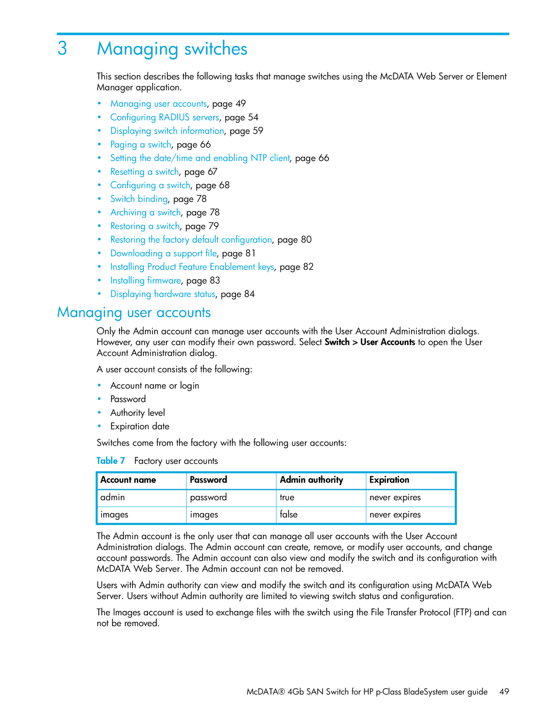 HP SAN manual Managing switches, Managing user accounts 