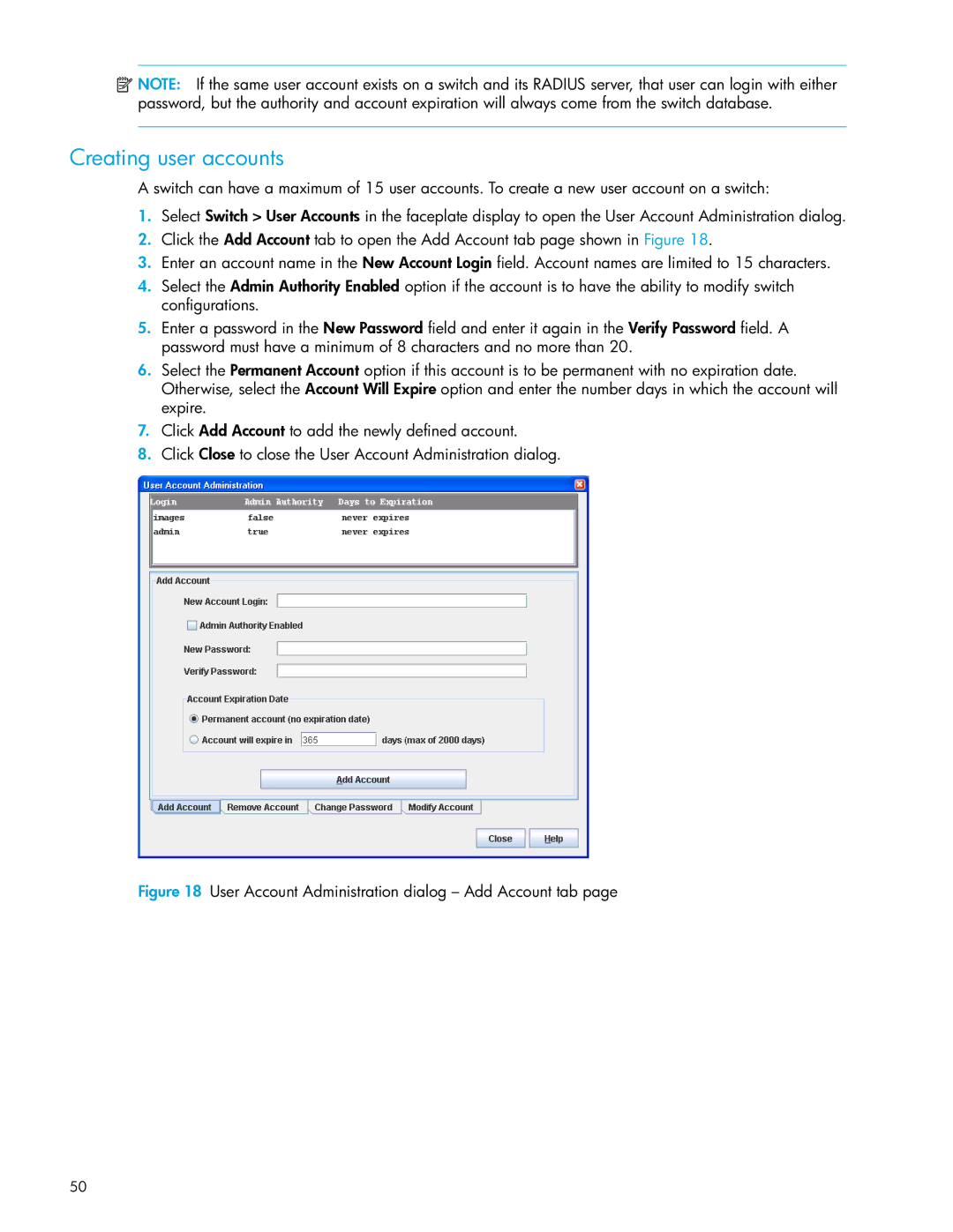 HP SAN manual Creating user accounts, User Account Administration dialog Add Account tab 