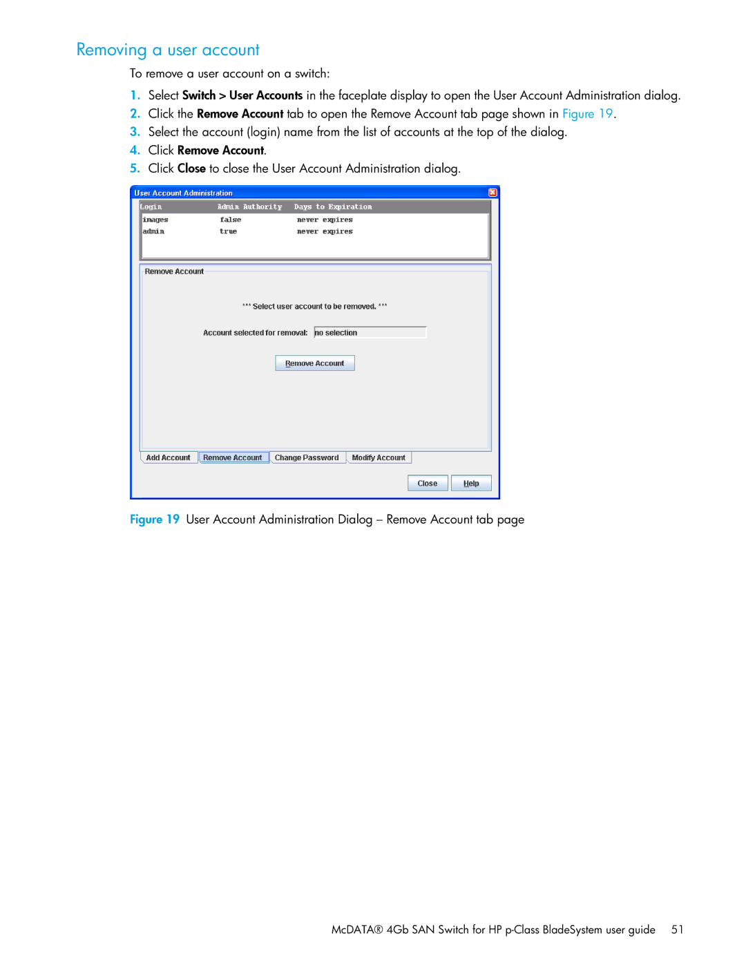 HP SAN manual Removing a user account, User Account Administration Dialog Remove Account tab 