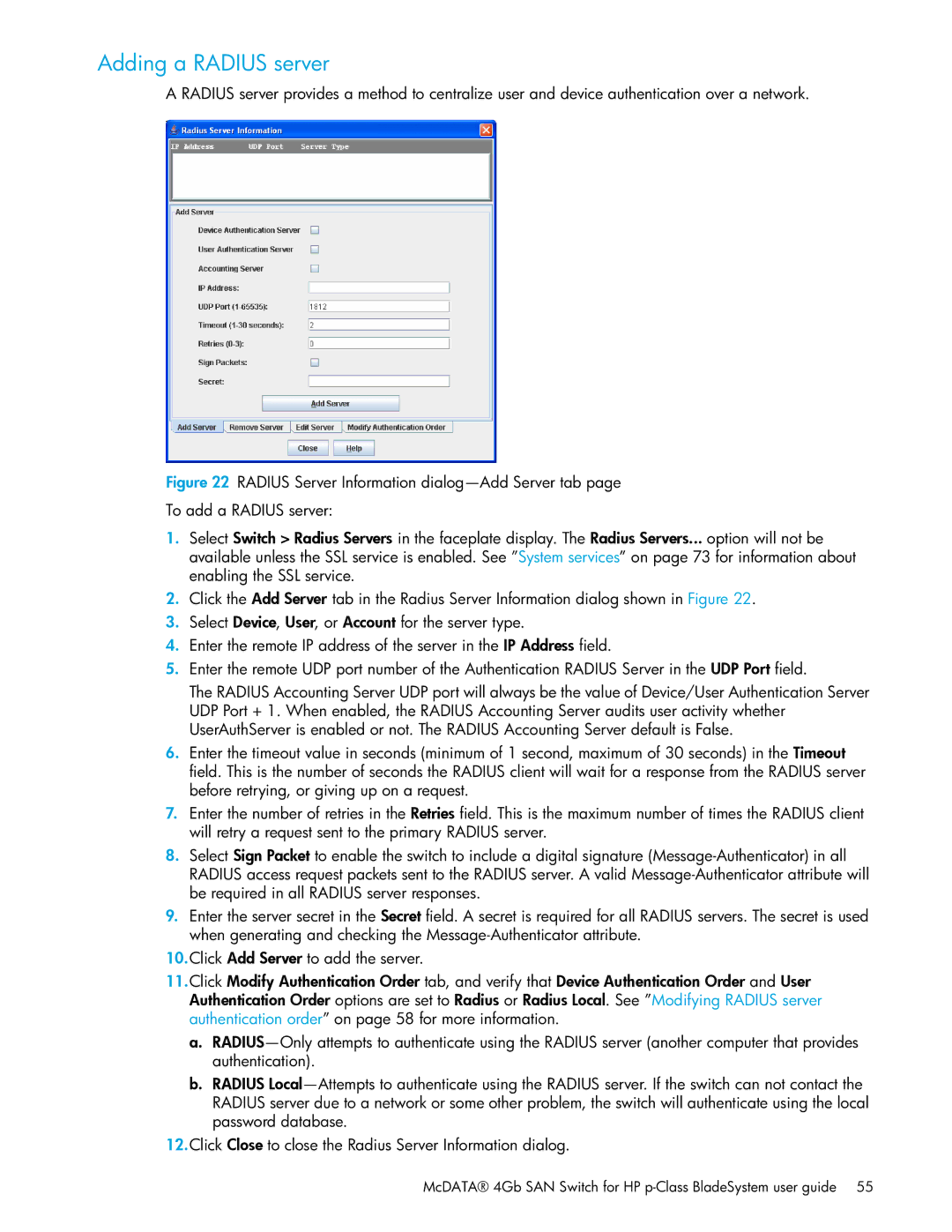 HP SAN manual Adding a Radius server 